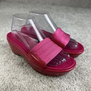 PRADA Pink Nylon/Patent Leather Med Heel Wedge Slide Sandals Sz 38 Made in Italy